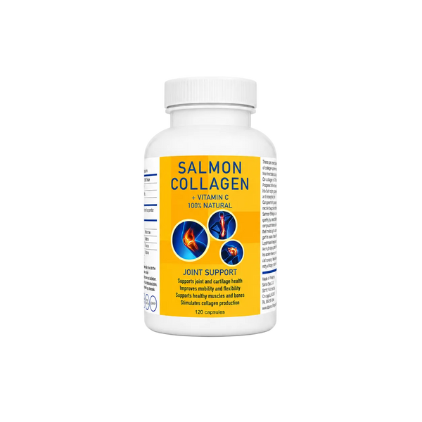 "Salmon collagen supplement bottle with yellow label on a white background"