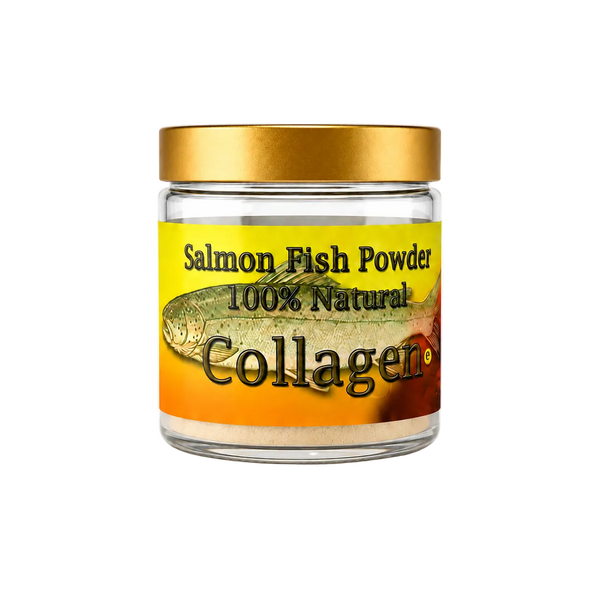 "Jar of salmon fish powder labeled '100% Natural Collagen' on a white background"